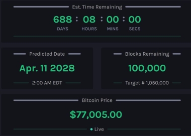 Bitcoin’s 2028 Halving Countdown Begins as Fewer Than 100,000 Blocks Remain