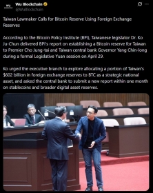 Taiwan Lawmaker Calls for Bitcoin Reserve Funded by 2B FX Chest