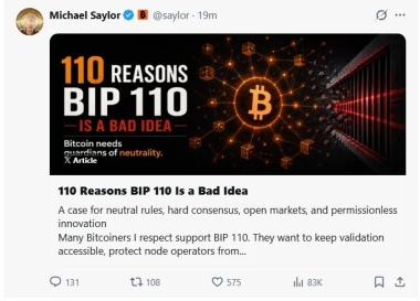 Michael Saylor Opposes BIP 110, Says Proposal Risks Bitcoin’s Neutrality